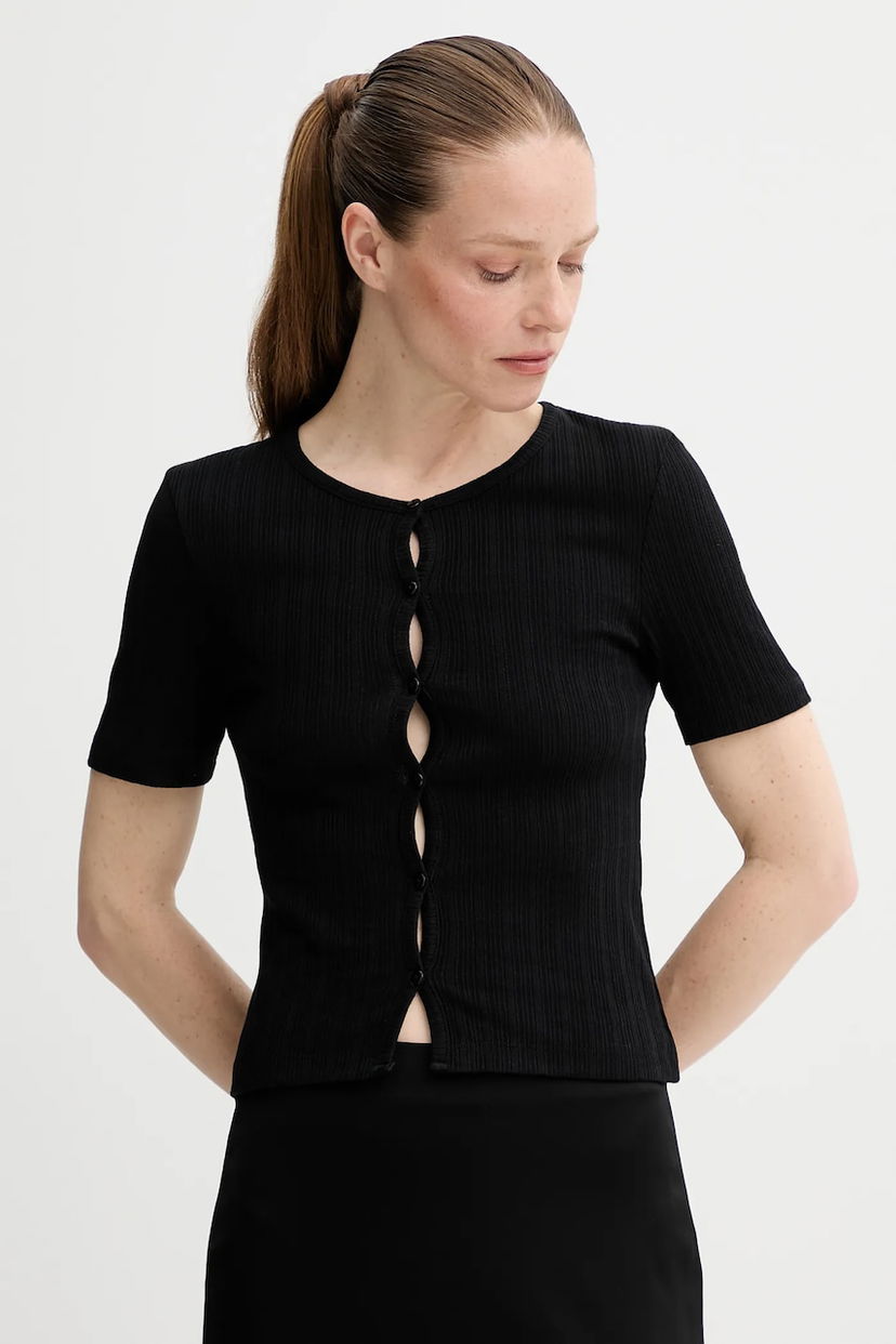 Krop-top Samsoe Samsoe Ribbed Short-Sleeve Button-Front Top SAJUNI Črna | F25200028