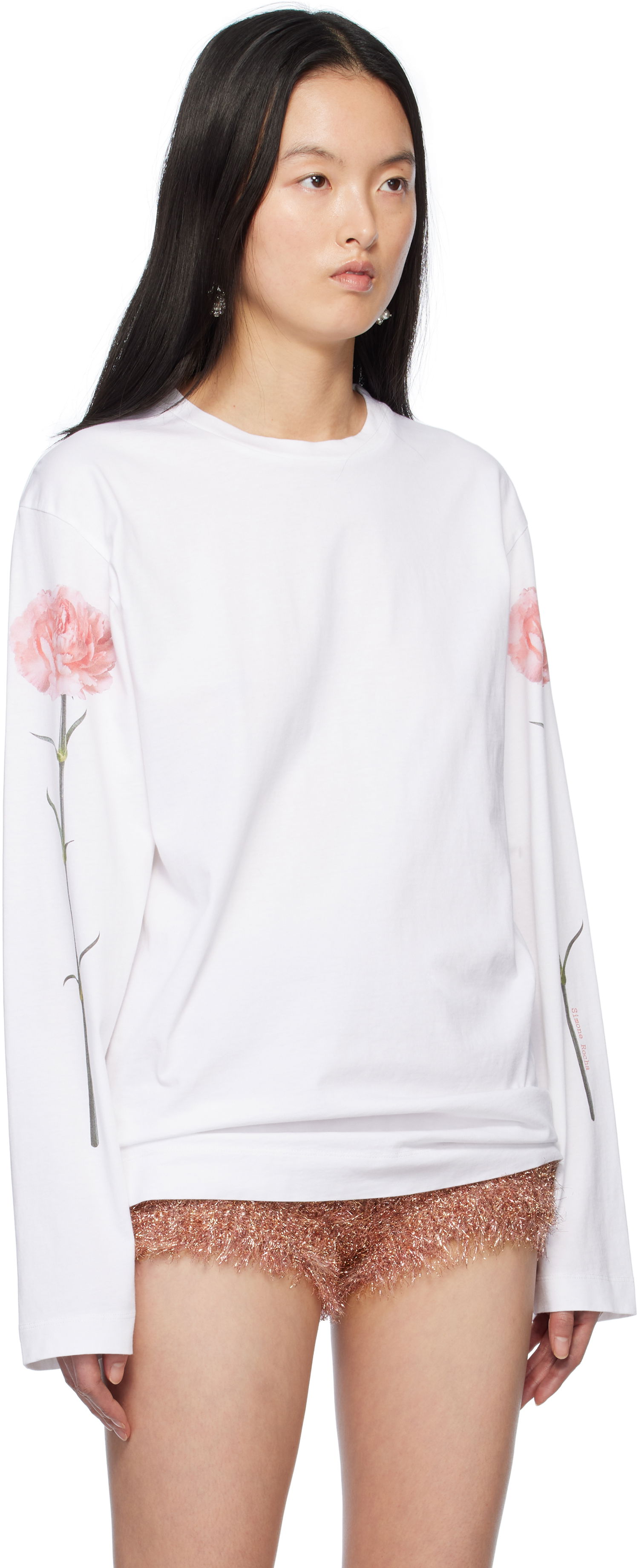 Majica Simone Rocha Simone Rocha Carnation Print Long Sleeve T-Shirt Bela | 5194P32P32A-W 0569, 1