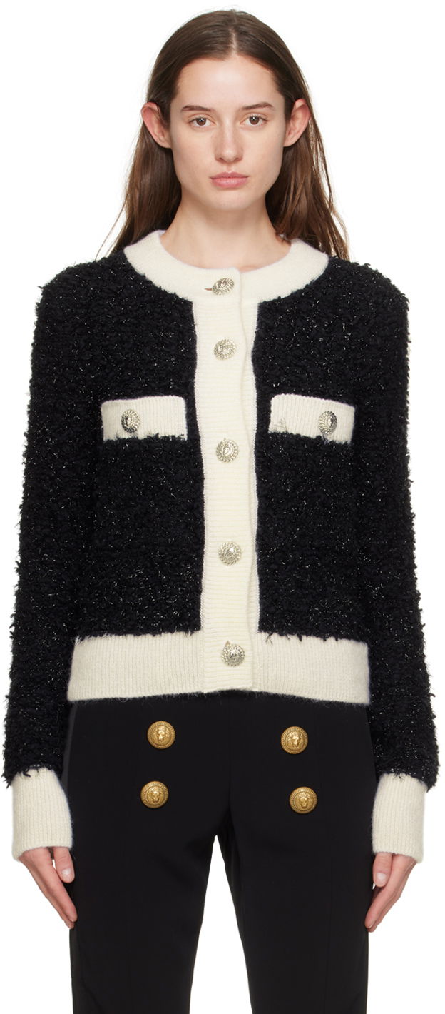 Pleteni pulover Balmain Textured Cardigan Črna | BF0KL125KF19, 0