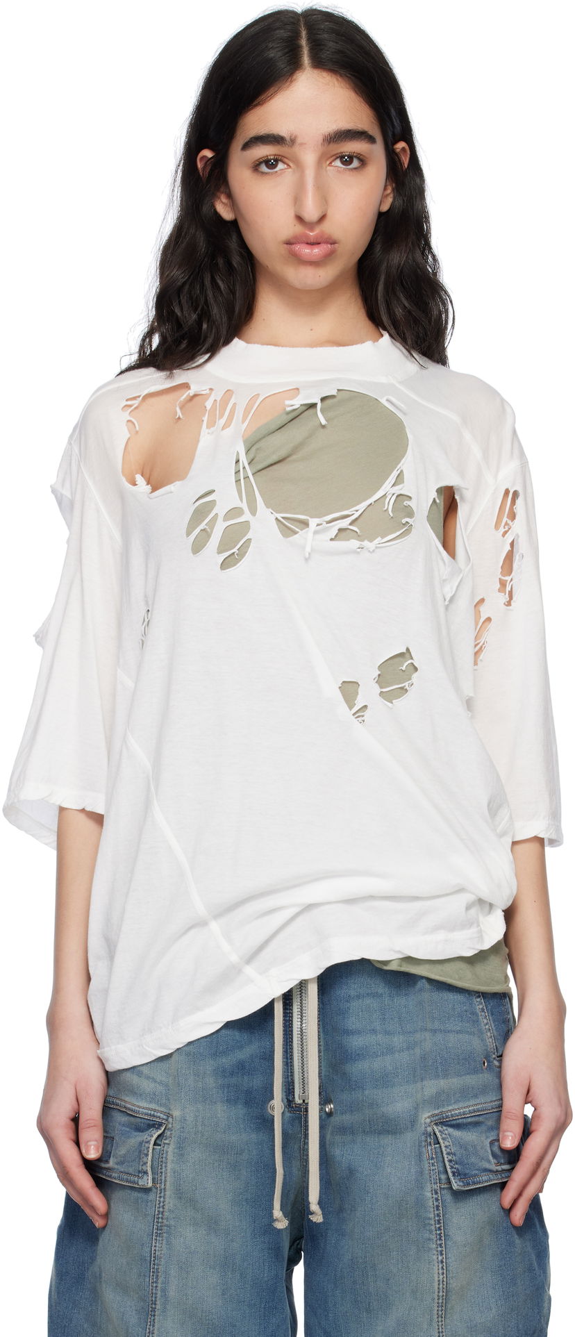 Majica Rick Owens Rick Owens DRKSHDW Distressed T-Shirt Bela | DS01E3201 BHDSD