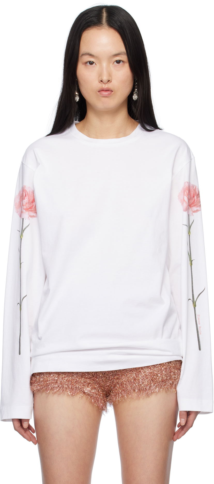Majica Simone Rocha Simone Rocha Carnation Print Long Sleeve T-Shirt Bela | 5194P32P32A-W 0569