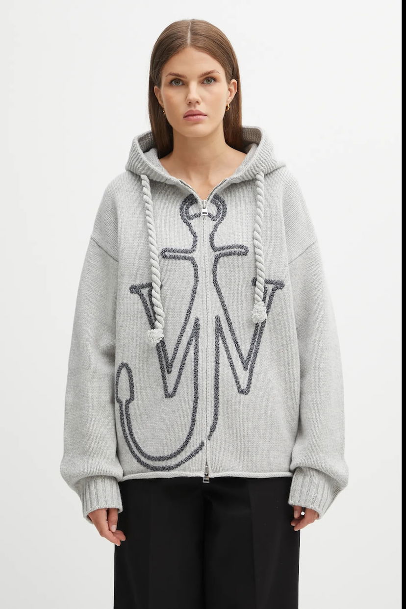 Pleteni pulover JW Anderson JW Anderson Anchor Embroidery Zipped Cardigan Siva | KW1499.YN0412