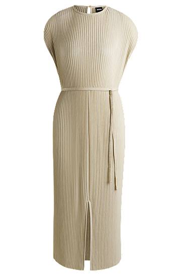 Obleke BOSS Sleeveless Belted Plissé Midi Dress Bež | 50521881