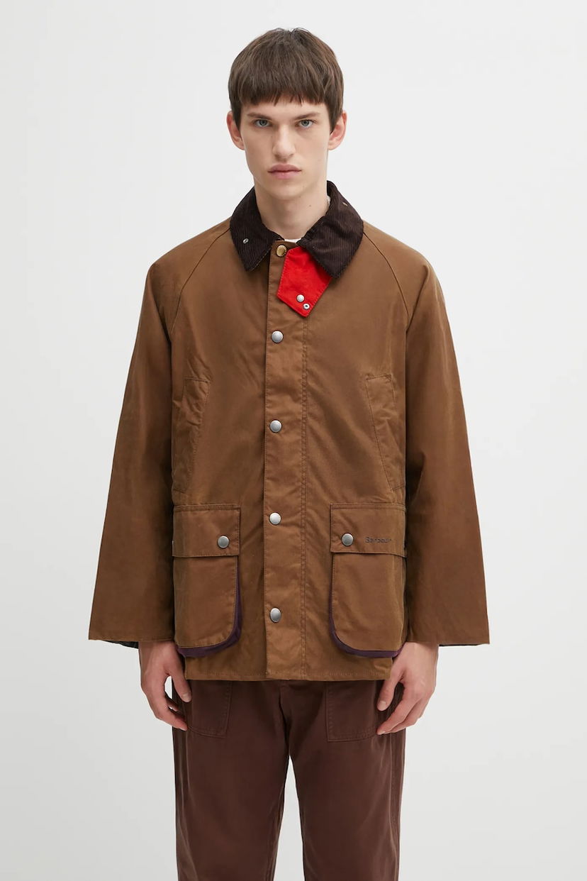 Jakna Barbour Paul Smith OS Bedale Wax Jacket with Red Snap Tab and Corduroy Collar Rjava | MWX2515TA51
