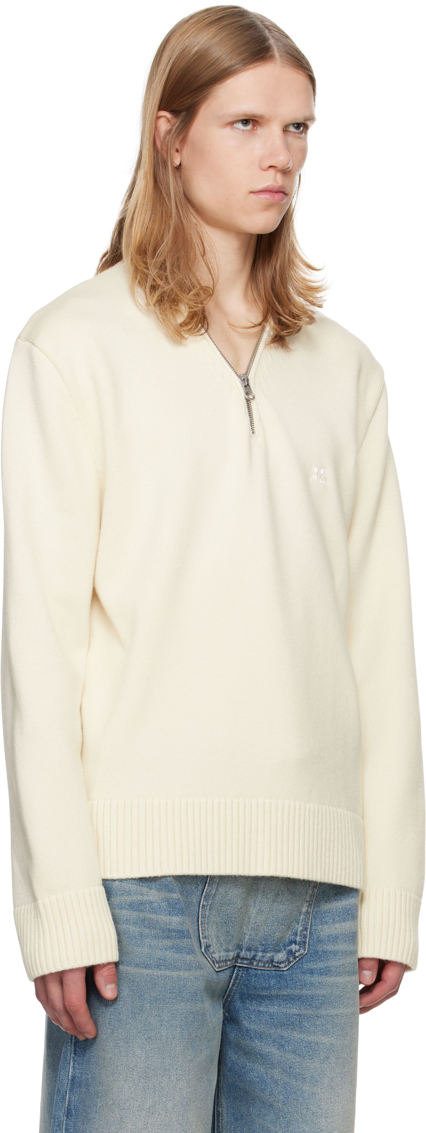Pleteni pulover Courrèges Zipped Wool Sweater Bela | 324MPU179FI0036, 1