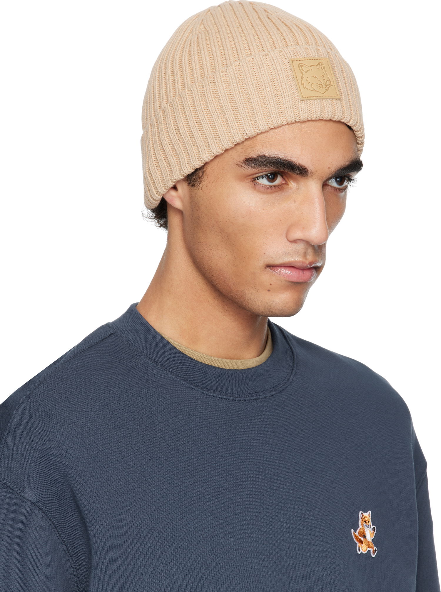 Beanie MAISON KITSUNÉ Maison Kitsuné Fox Head Leather Patch Beanie Bež | OW06110KT1140, 1