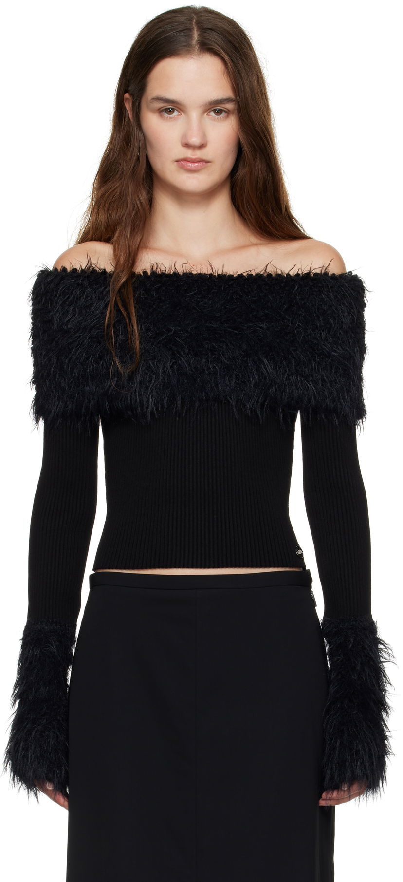 Pleteni pulover Jean Paul Gaultier Jean Paul Gaultier Ribbed Off-The-Shoulder Sweater Črna | 25/03-W-PO018-K005-00