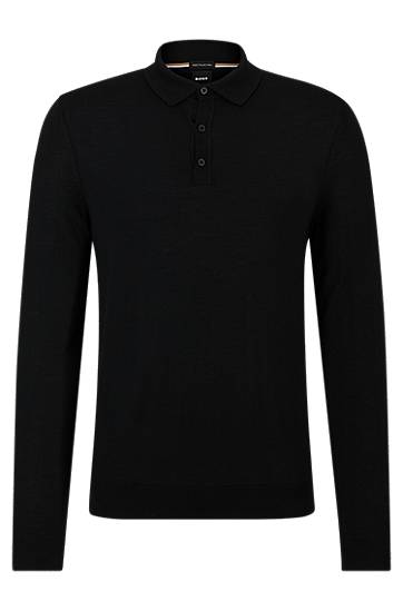 Polo majica BOSS Long-Sleeved Virgin Wool Polo Sweater Črna | 50476355, 0