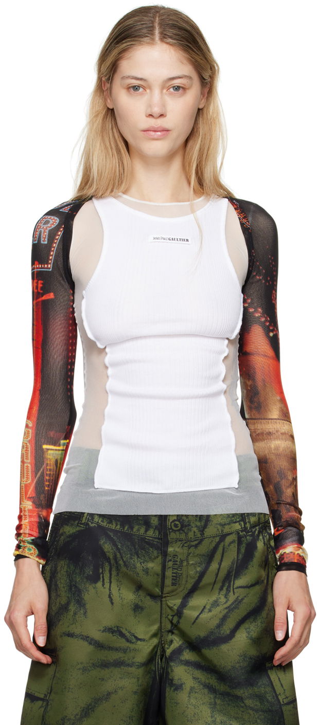 Majica brez rokavov Jean Paul Gaultier Jean Paul Gaultier 'The Pigalle' Printed Mesh Sleeves Bela | 24/30-F-TO207-T552-00301550