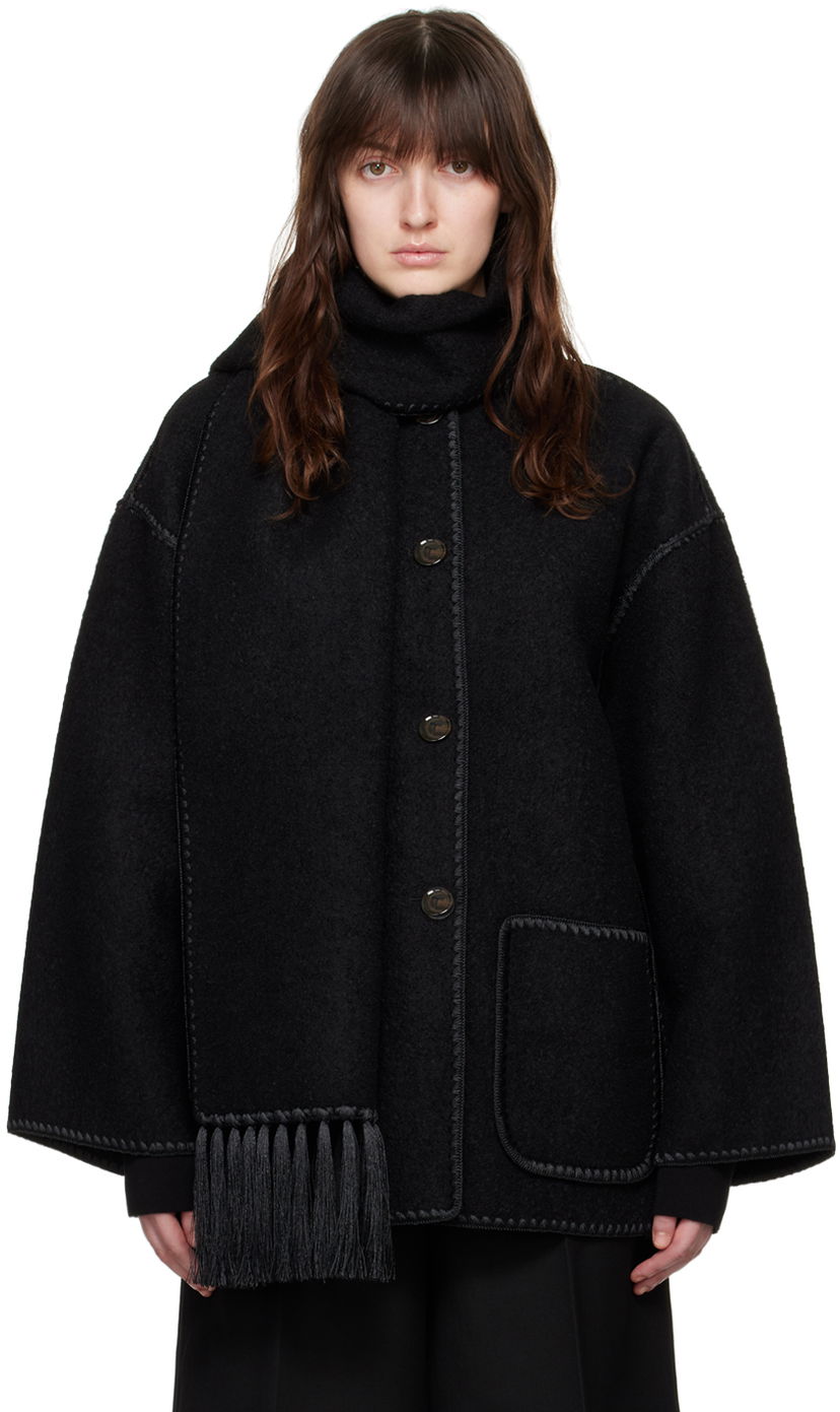 Jakna TOTEME TOTEME Embroidered Hooded Jacket with Fringed Scarf Črna | 224-1018-201