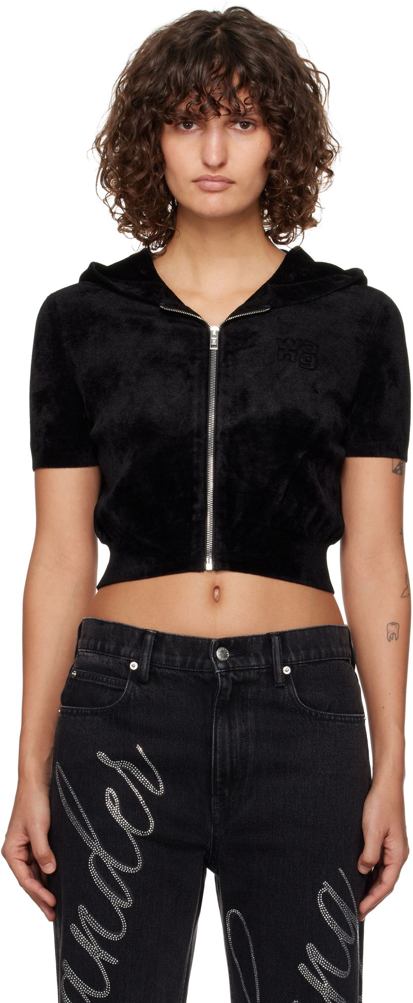Pulover Alexander Wang Alexander Wang.t Cropped Velour Zip-Up Hoodie Črna | 4KC4243003