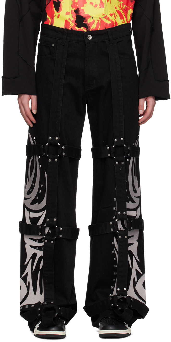 Kavbojke Who Decides War Who Decides War Bondage Strap Studded Graphic Jeans Črna | 1121030002SS24