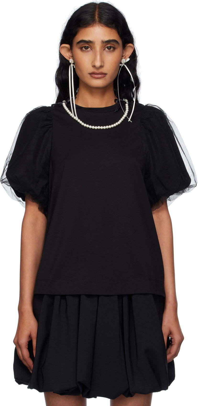 Majica Simone Rocha Simone Rocha Embellished Tulle Overlay Puff Sleeve T-Shirt Črna | 5397B 0553