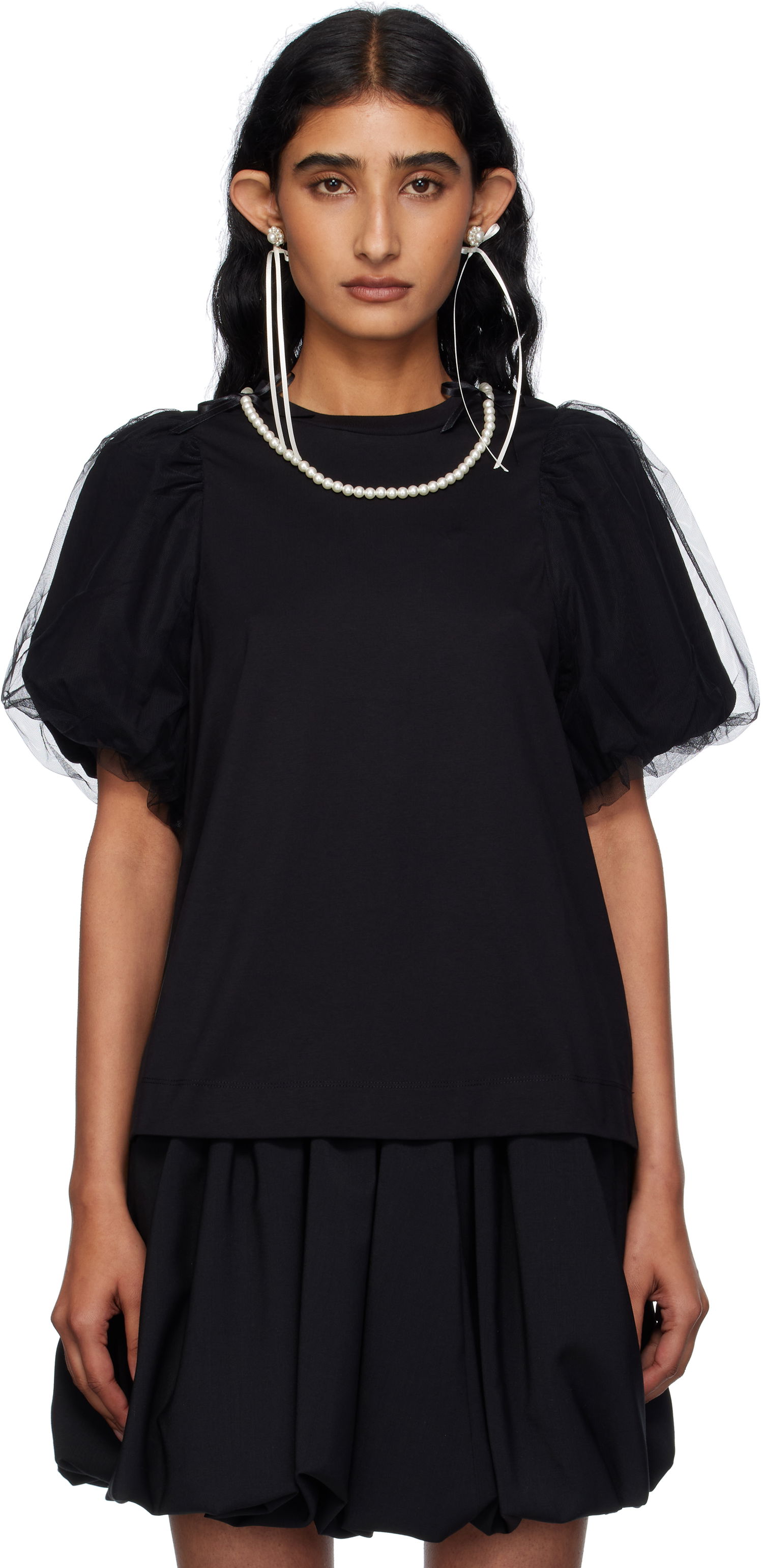 Majica Simone Rocha Simone Rocha Embellished Tulle Overlay Puff Sleeve T-Shirt Črna | 5397B 0553, 0