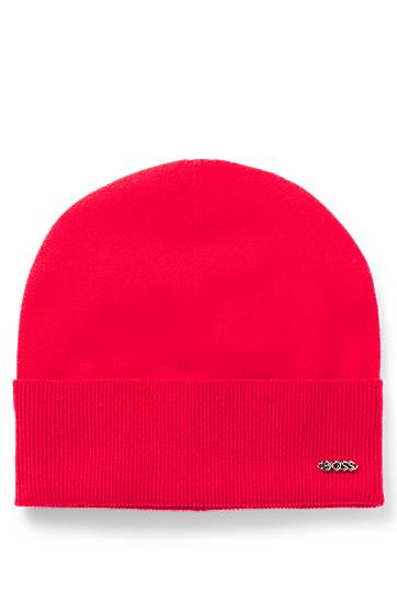 Beanie BOSS BOSS Wool and Cashmere Beanie with Logo Trim Rdeča | 50524276