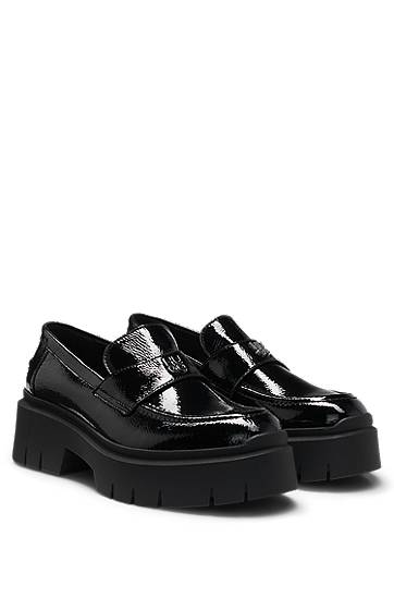 Superge in čevlji BOSS Chunky-Sole Leather Loafers with Stacked-Logo Trim Črna | 50538597