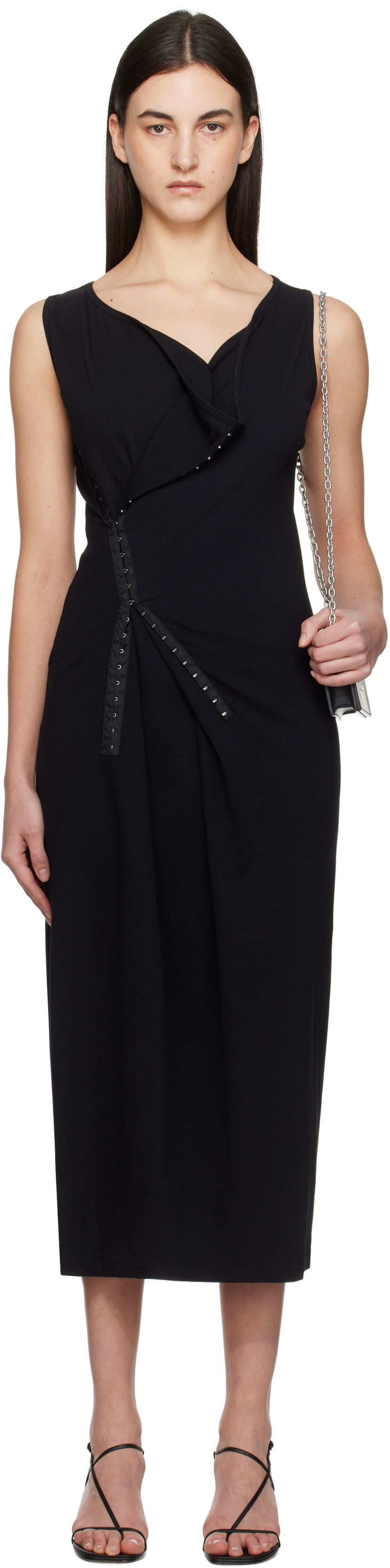 Obleke Maison Margiela MM6 Maison Margiela Cotton Rib Hook-Eye Midi Dress Črna | S52CT0786 M20054