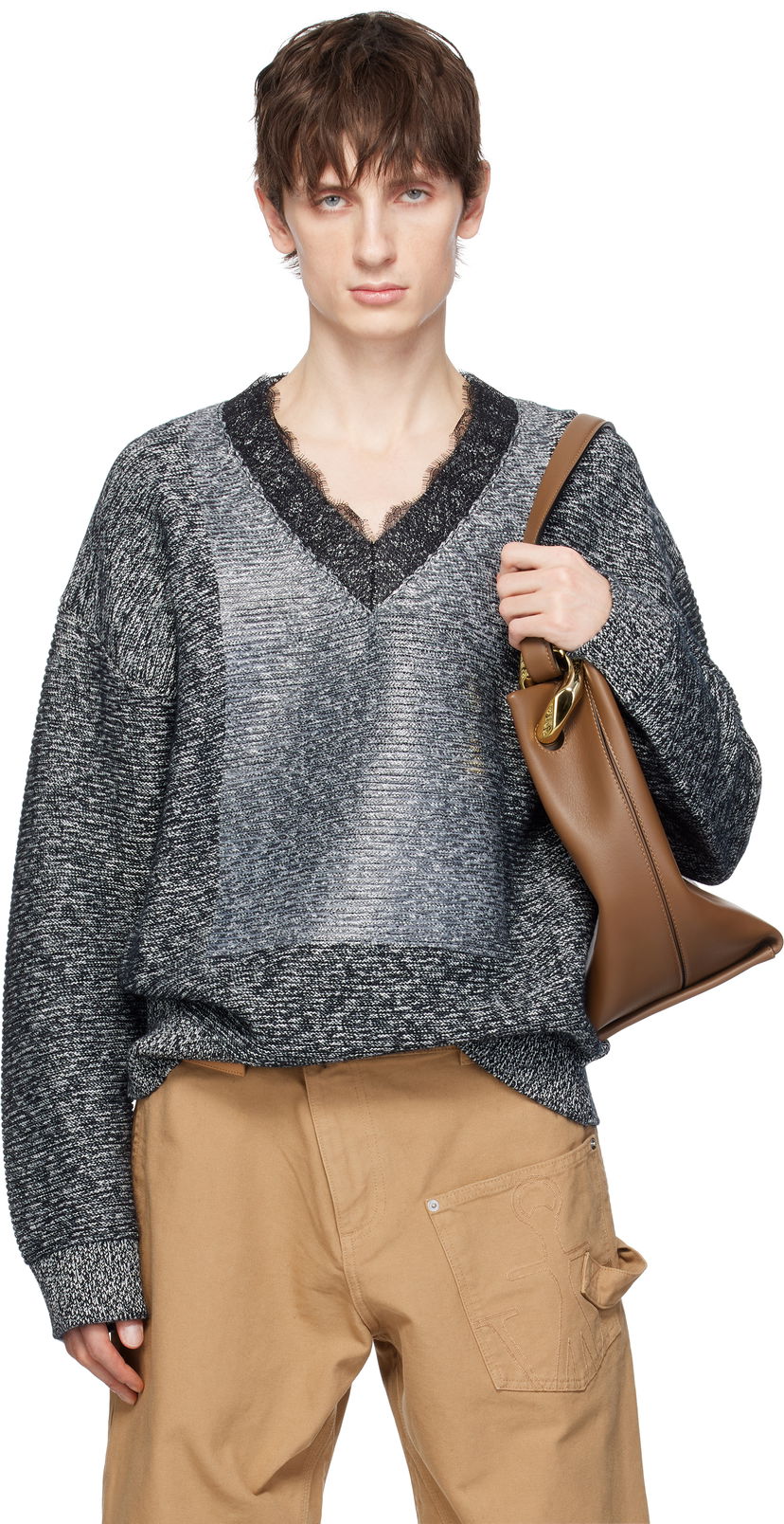 Pleteni pulover JW Anderson JW Anderson V-Neck Lace Trim Sweater Siva | KW1360-YN0402