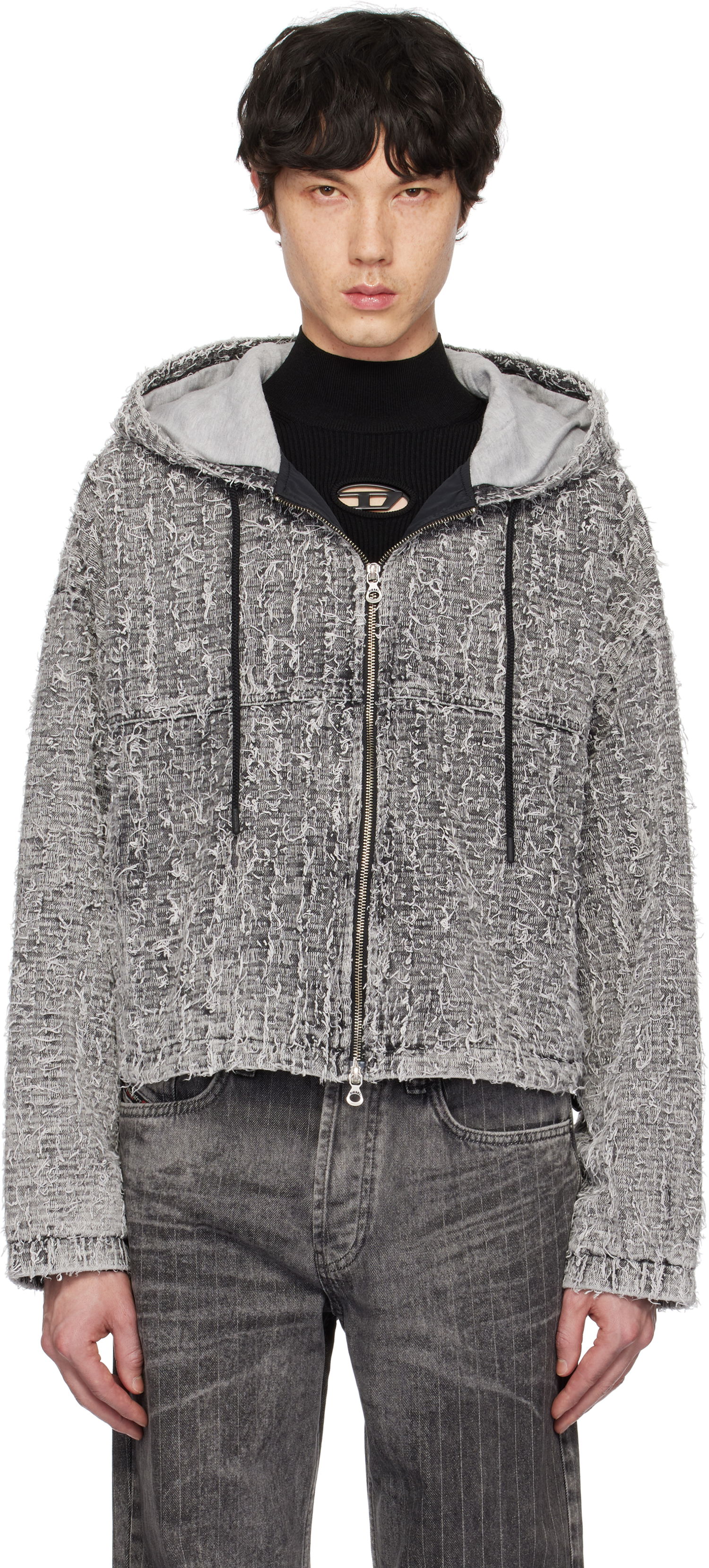 Pulover Diesel Diesel De-Flow-S1 Frayed Denim Zip-Up Hoodie Siva | A16366-0ABCR-02, 0