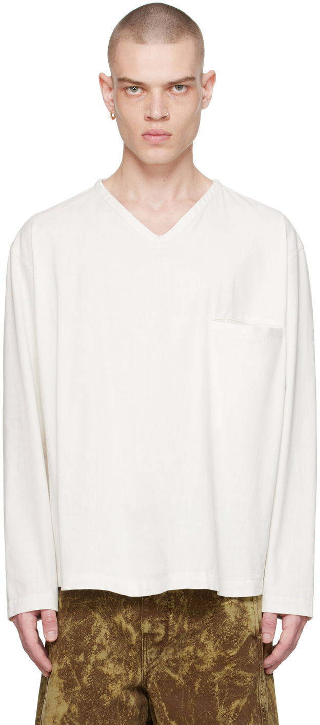 Majica LEMAIRE Lemaire V-Neck Long Sleeve T-Shirt Bela | TO1232 LF1253