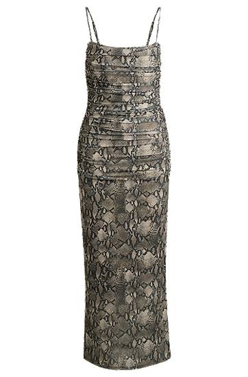 Obleke BOSS Snakeskin Print Ruched Mesh Corset Midi Dress Siva | 50540915, 0