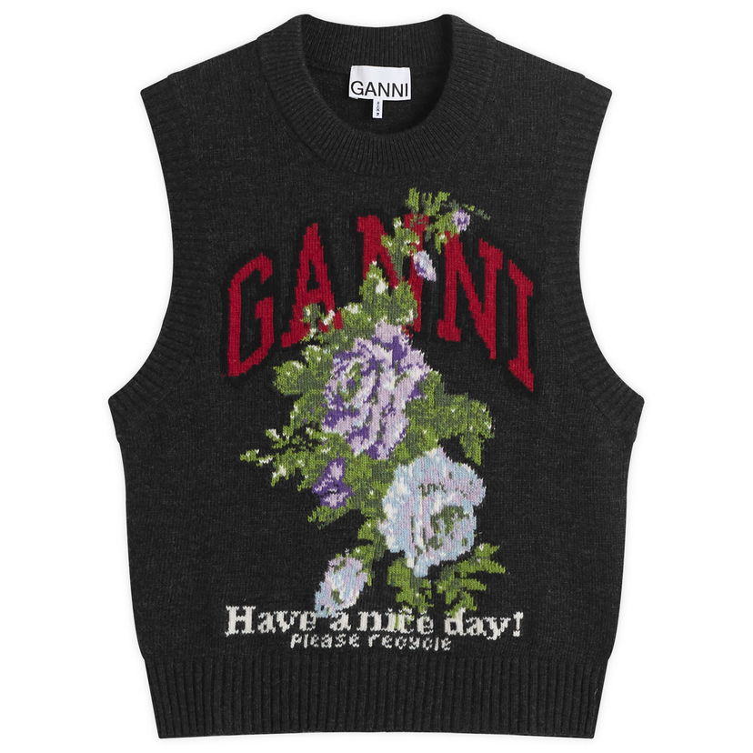 Telovnik GANNI GANNI Knitted Wool Vest with Floral Graphic Siva | K2596-252