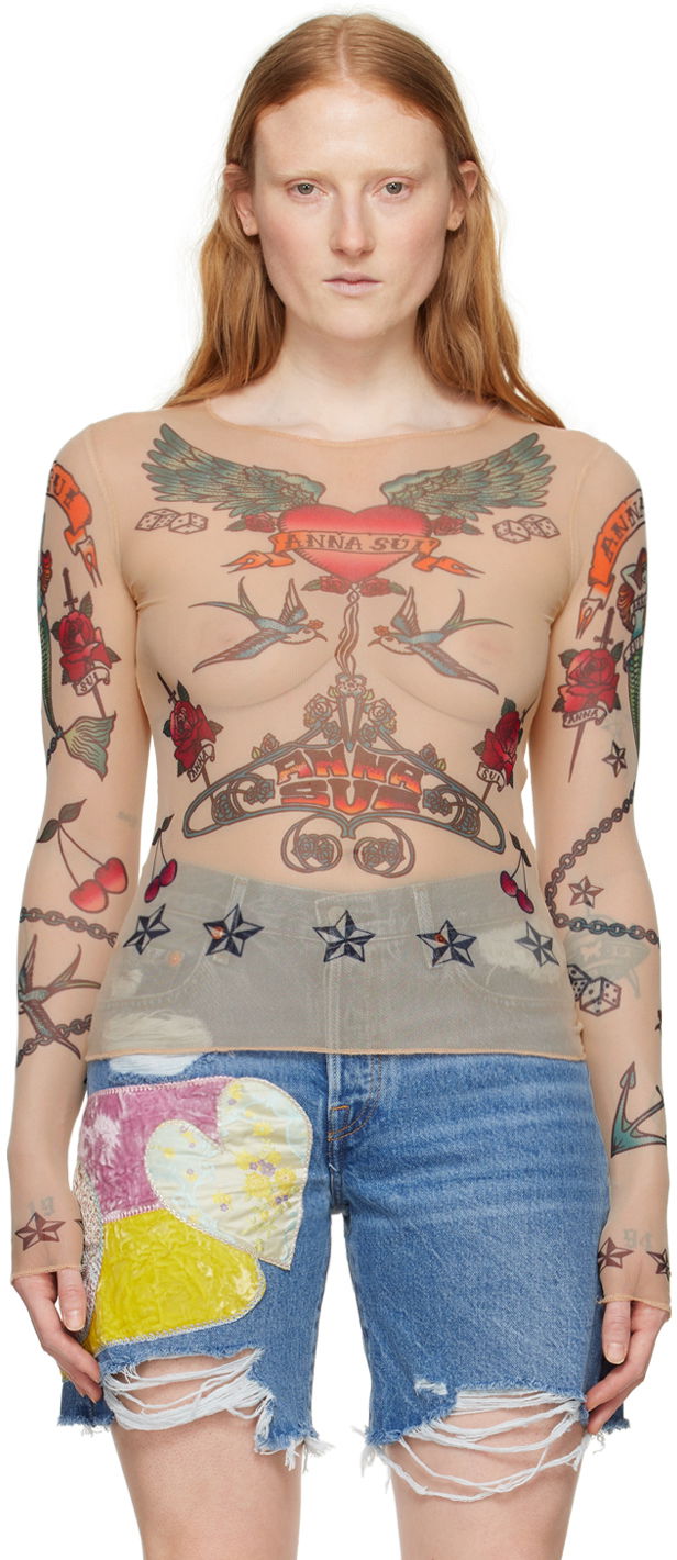 Majica Anna Sui Anna Sui Tattoo Mesh Long Sleeve T-Shirt Bež | 224P21