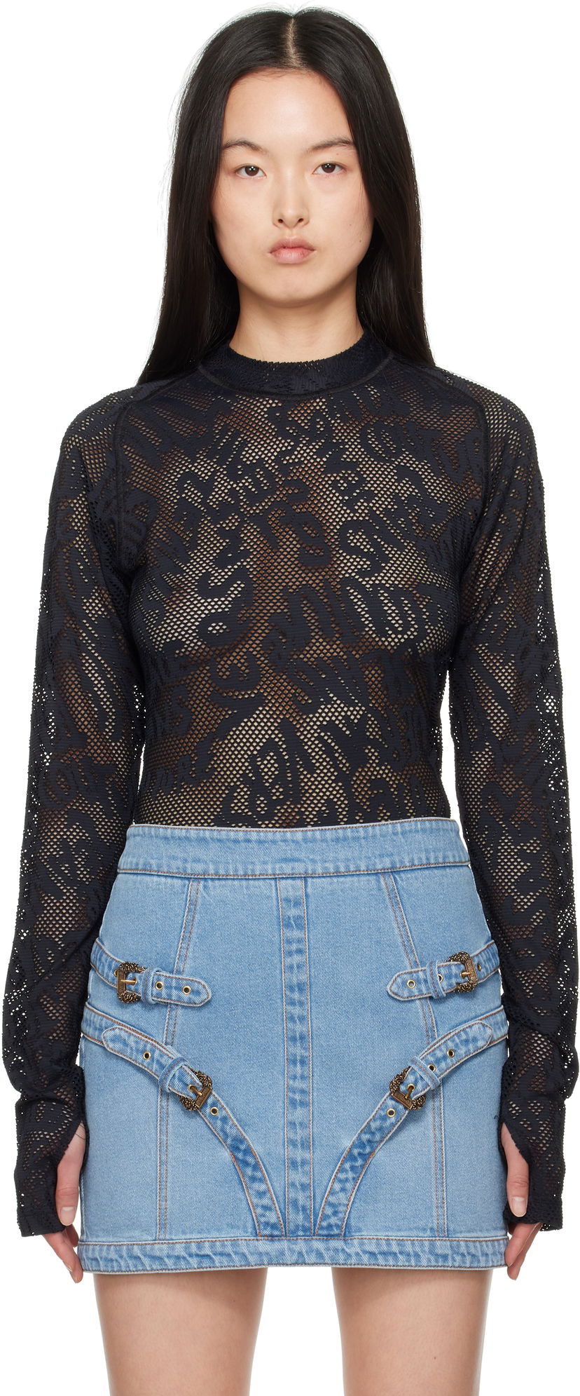 Pleteni pulover Versace Versace Jeans Couture Fishnet Long Sleeve T-Shirt Črna | E78GAH611_EJ0200
