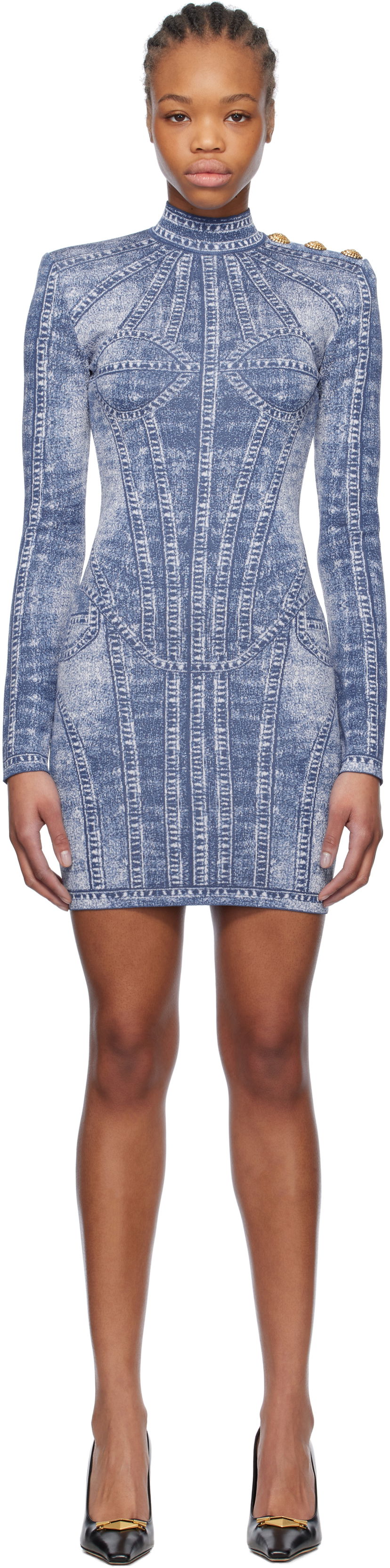 Obleke Balmain Balmain Jacquard Denim Effect Minidress Modra | EF1R8237KH80