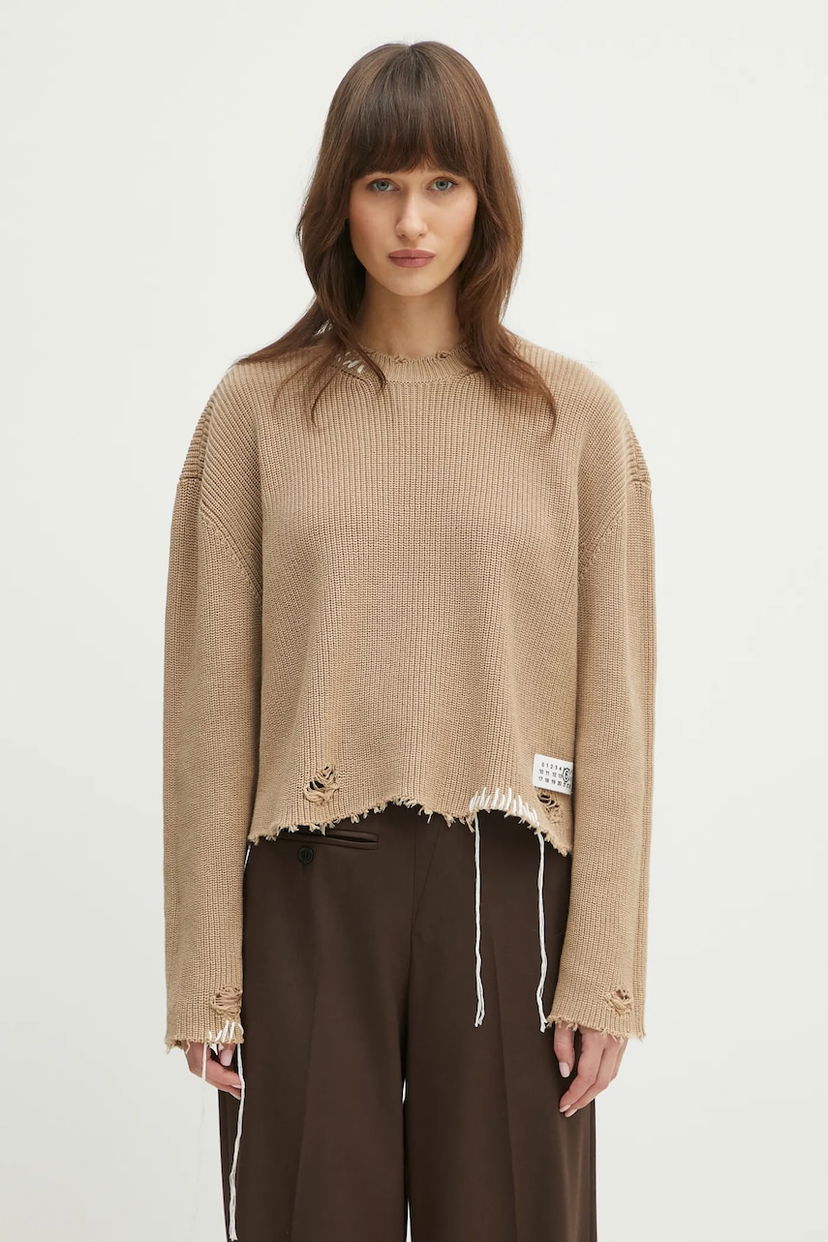 Pleteni pulover Maison Margiela MM6 Maison Margiela Distressed Knit Sweater Bež | S52HL0036