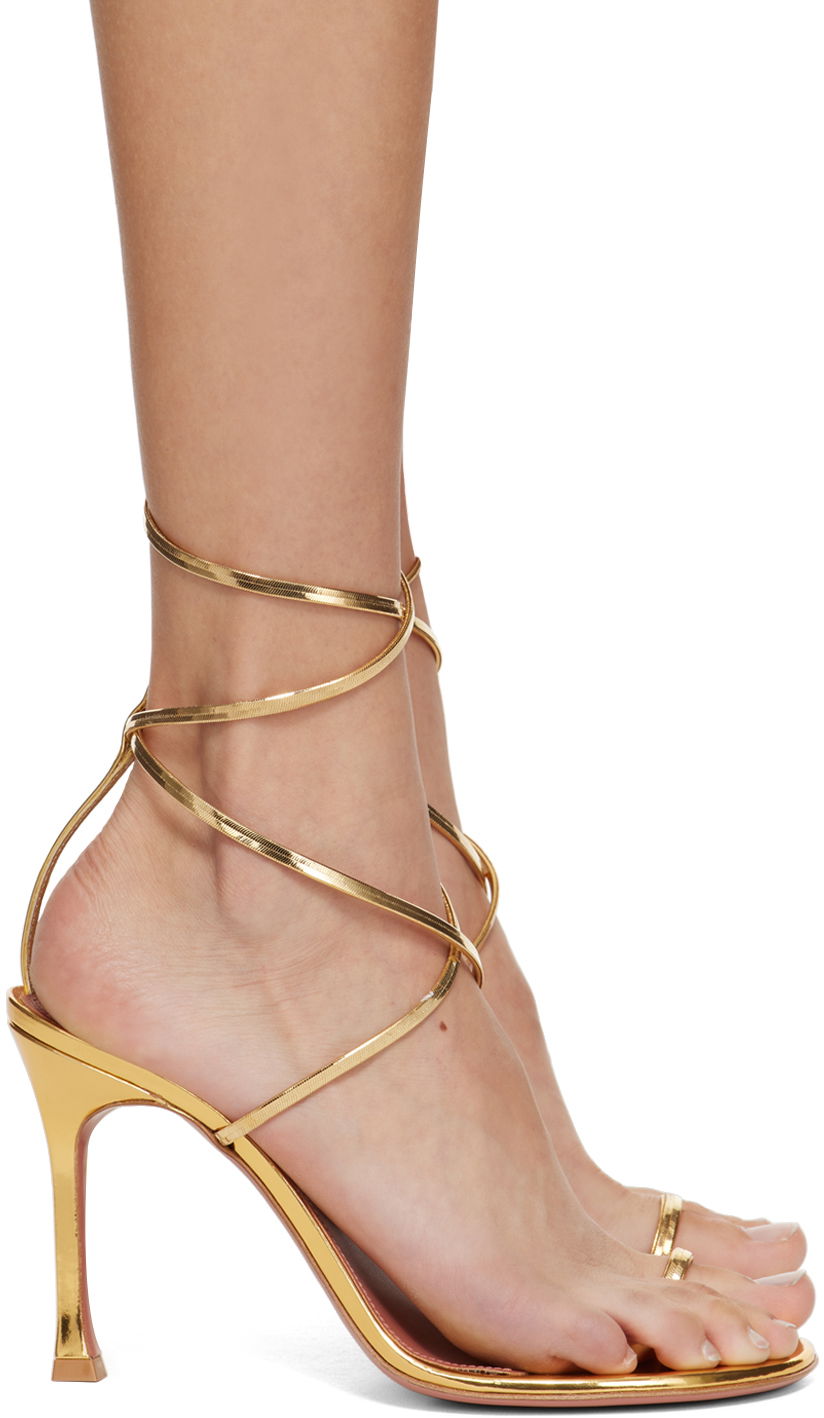 Modni dodatki Amina Muaddi Amina Muaddi Henson Thong Lace Up Heeled Sandals Kovinski | HENSON THONG LACE UP SR MI
