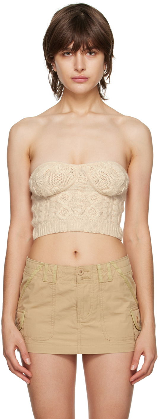 Krop-top GUIZIO Guizio Cable Knit Strapless Tube Top Bež | DGF22C104_CRM