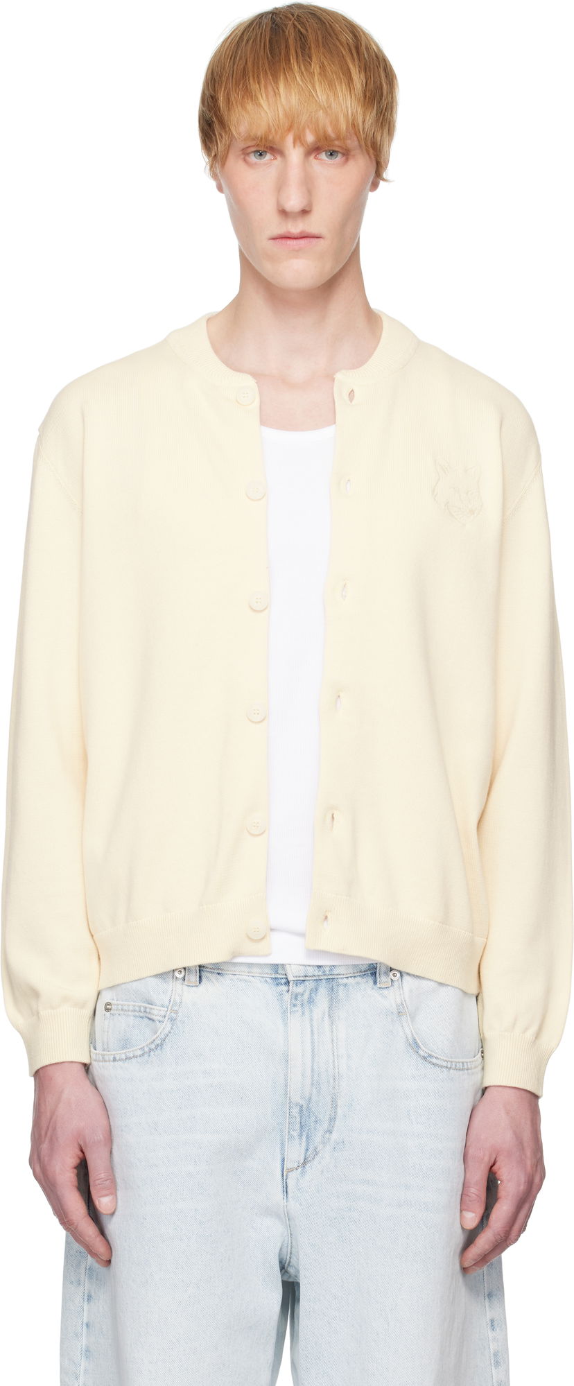 Pleteni pulover MAISON KITSUNÉ Maison Kitsuné Fox Head Embroidered Cardigan Rumena | OM02135KT1135