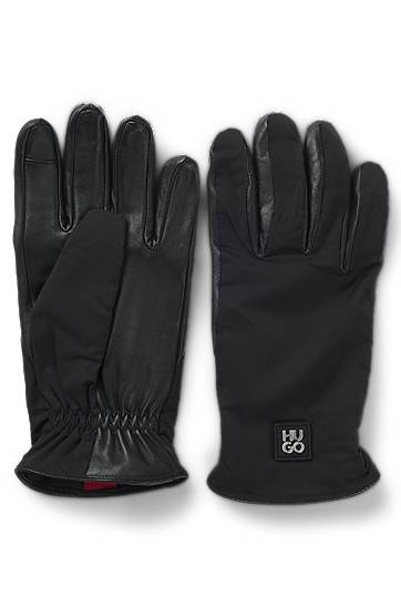 Rokavice BOSS Hybrid gloves in nylon and leather Črna | 50548758