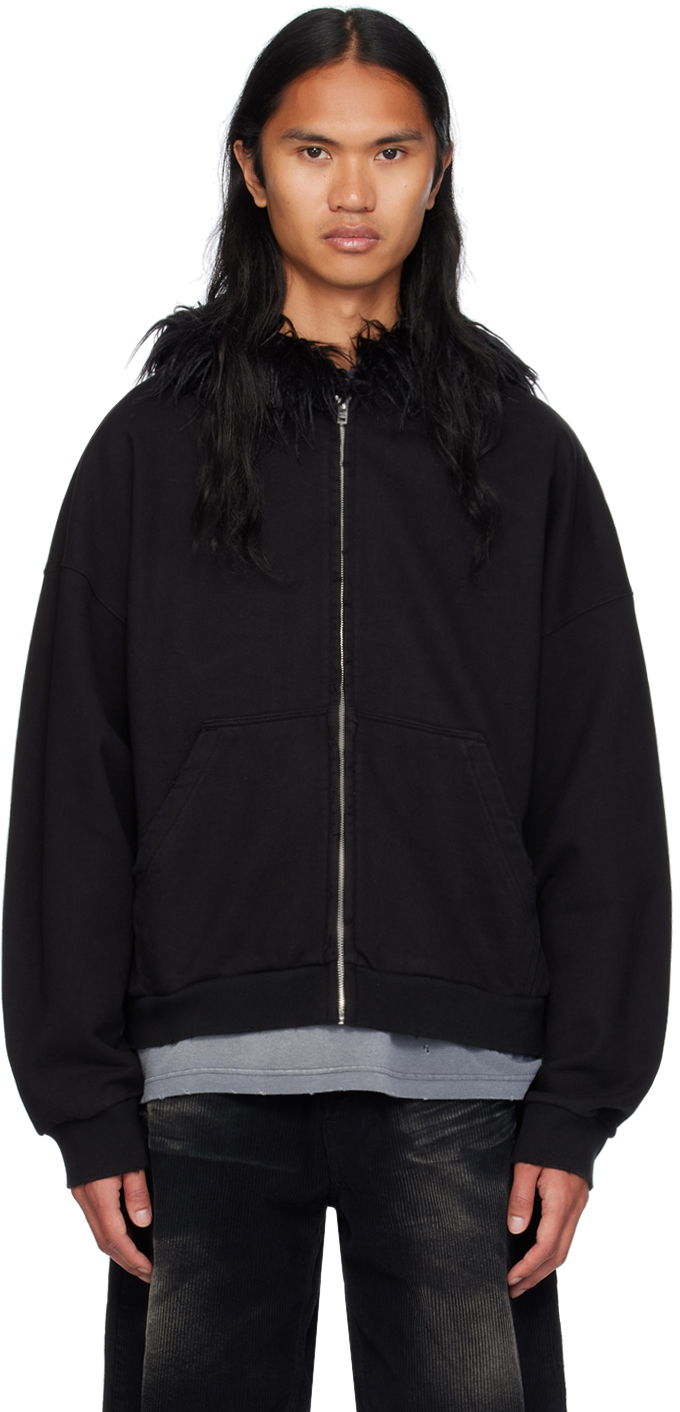 Pulover We11done Faux Fur Trim Zip-Up Hoodie Črna | WD-TJ2-24-811-U-BK