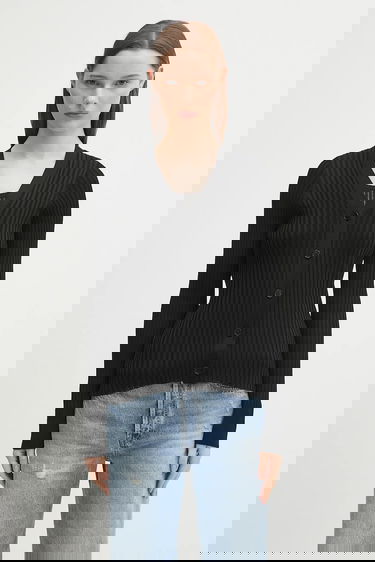 Pleteni pulover Anine Bing Matheo Ribbed V-Neck Cardigan Črna | A.09.10942, 0