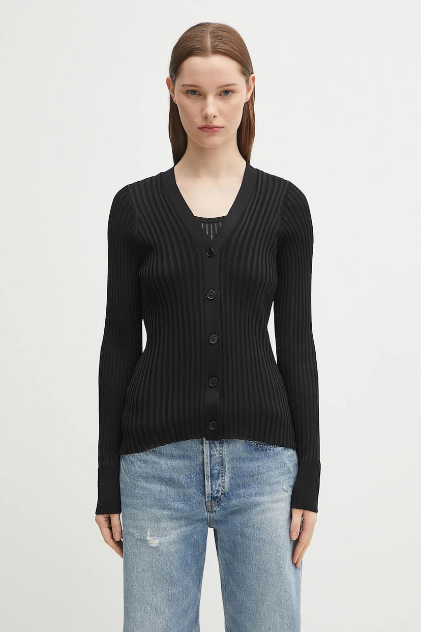 Pleteni pulover Anine Bing Matheo Ribbed V-Neck Cardigan Črna | A.09.10942