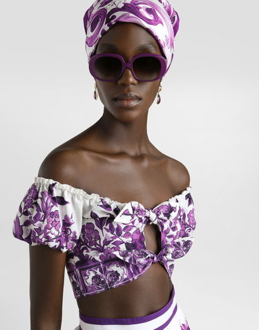 Krop-top Dolce & Gabbana Dolce & Gabbana Majolica-Print Poplin Off-Shoulder Tie-Front Top Lila | F7AV0THH5EPI13TN, 3