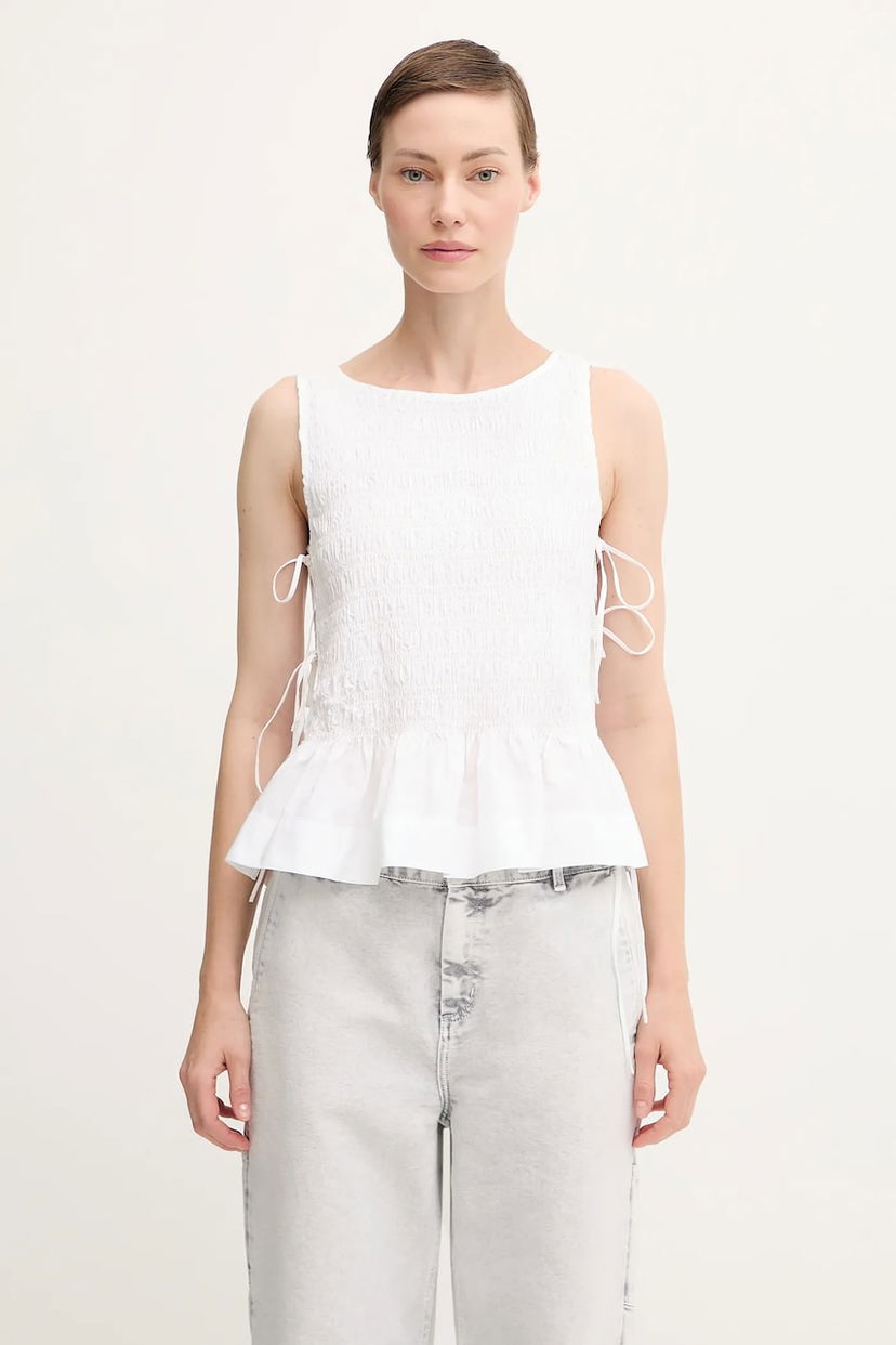 Majica brez rokavov GANNI GANNI Cotton Poplin Smock Tie String Top Bela | W0886