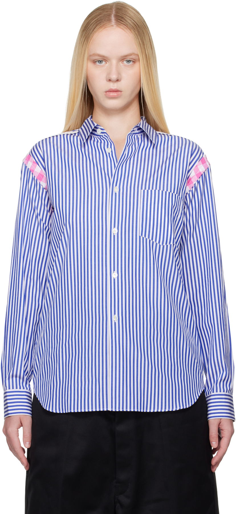 Srajce Comme des Garçons Comme des Garçons Striped Gingham Trim Shirt Modra | FO-B020-S25
