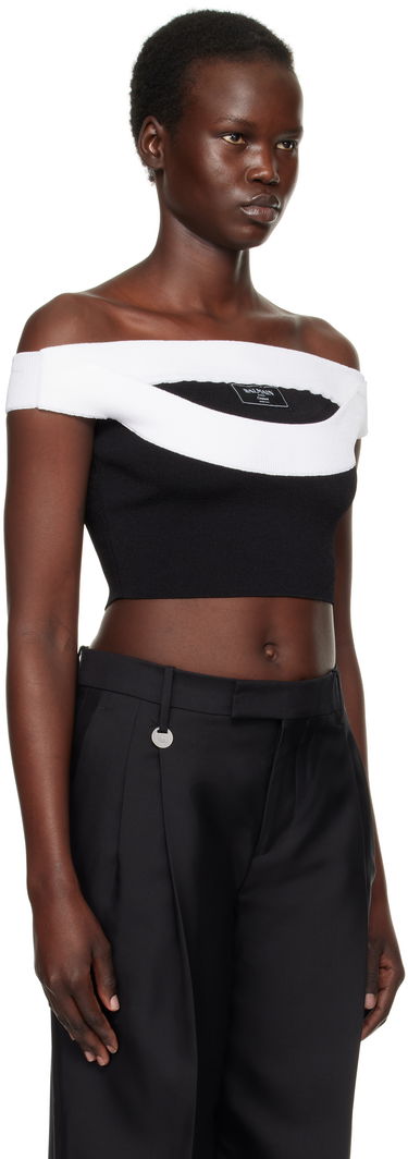 Pleteni pulover Balmain Balmain Two-Tone Knit Cropped Top Črna | EF1AA375KH82, 1