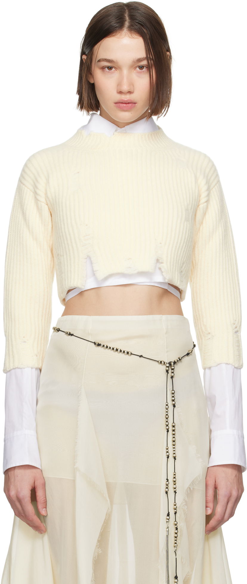Pleteni pulover Ann Demeulemeester Cropped Distressed-Hem Sweater Bela | 2402-W-KN30-KN048-003