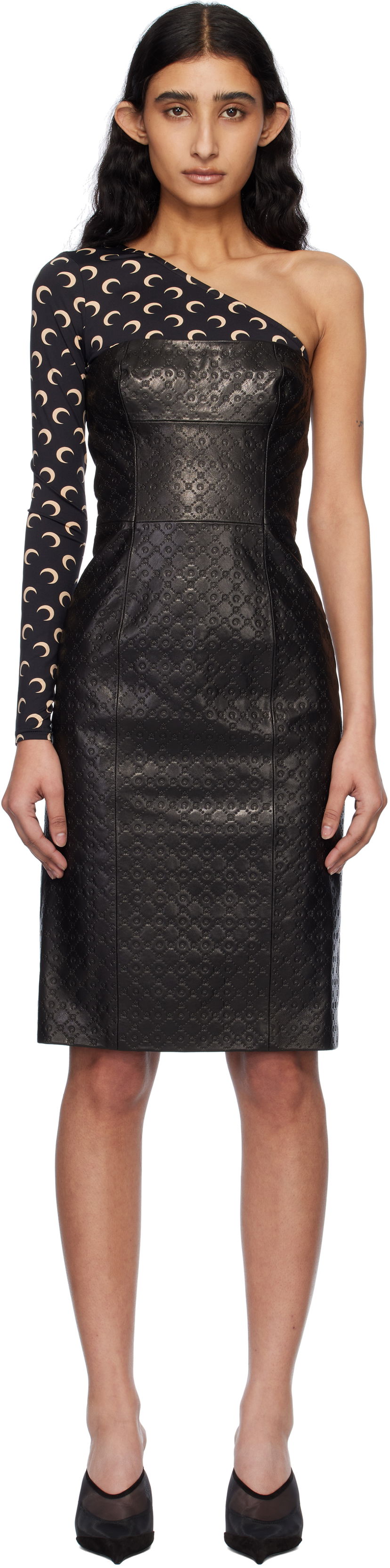 Obleke Marine Serre Marine Serre Moonogram Embossed Leather Midi Dress Črna | WDR315A RLEA0021