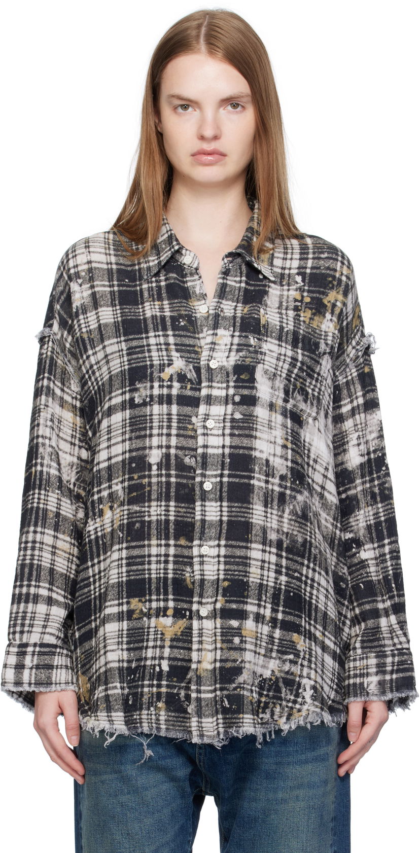 Srajce R13 R13 Shredded Seam Drop Neck Plaid Shirt Črna | R13WR075-R557B
