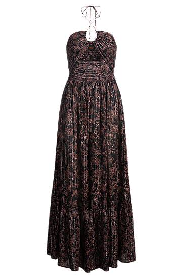 Obleke BOSS Metallic Print Halter Maxi Dress Črna | 50538359