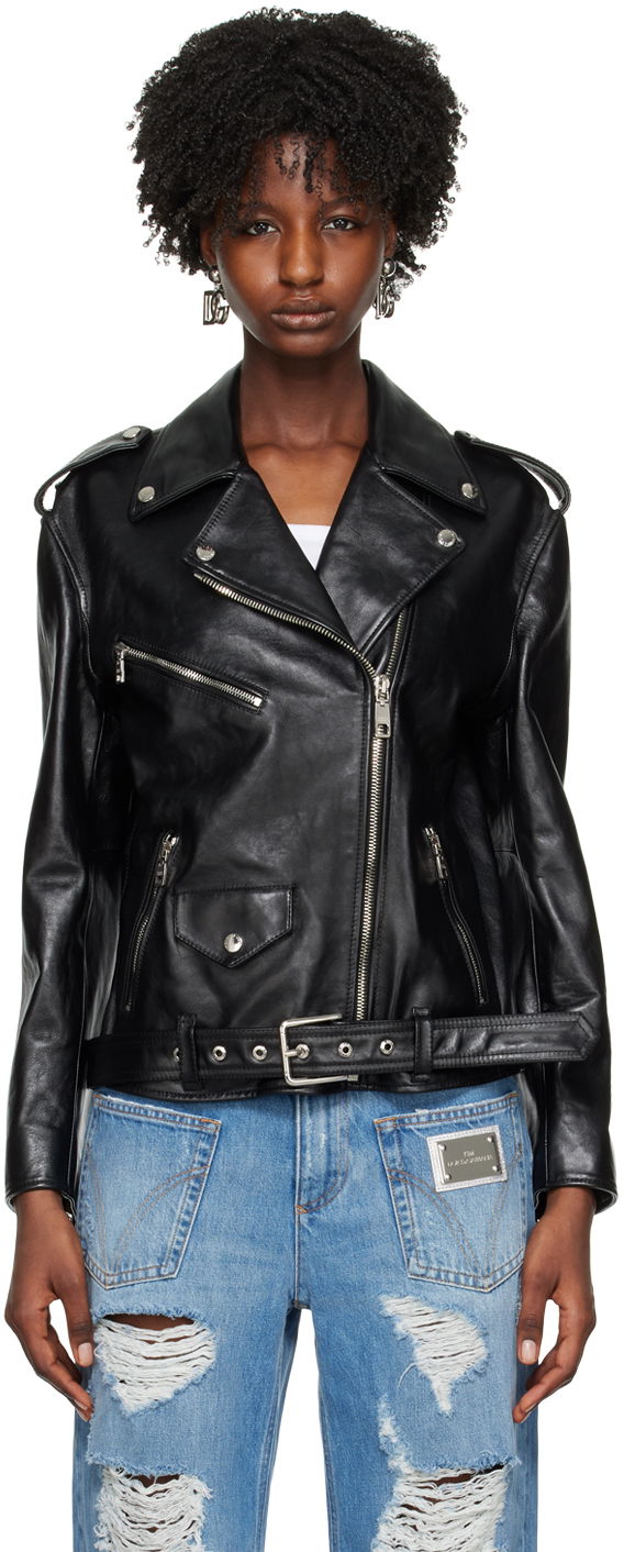 Jakna Dolce & Gabbana Black Pin-Buckle Belt Leather Jacket Črna | F9P52L HULRK