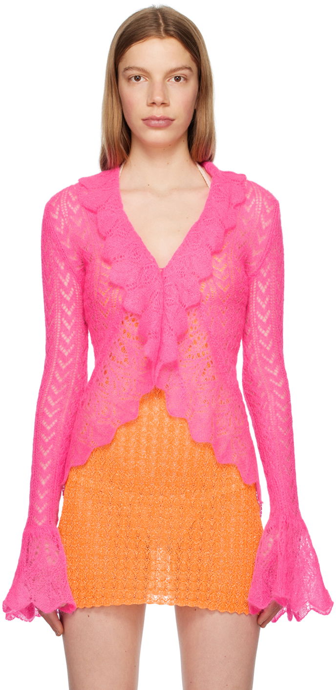 Pleteni pulover ERL Pink Ruffled Cardigan Roza | ERL06N103