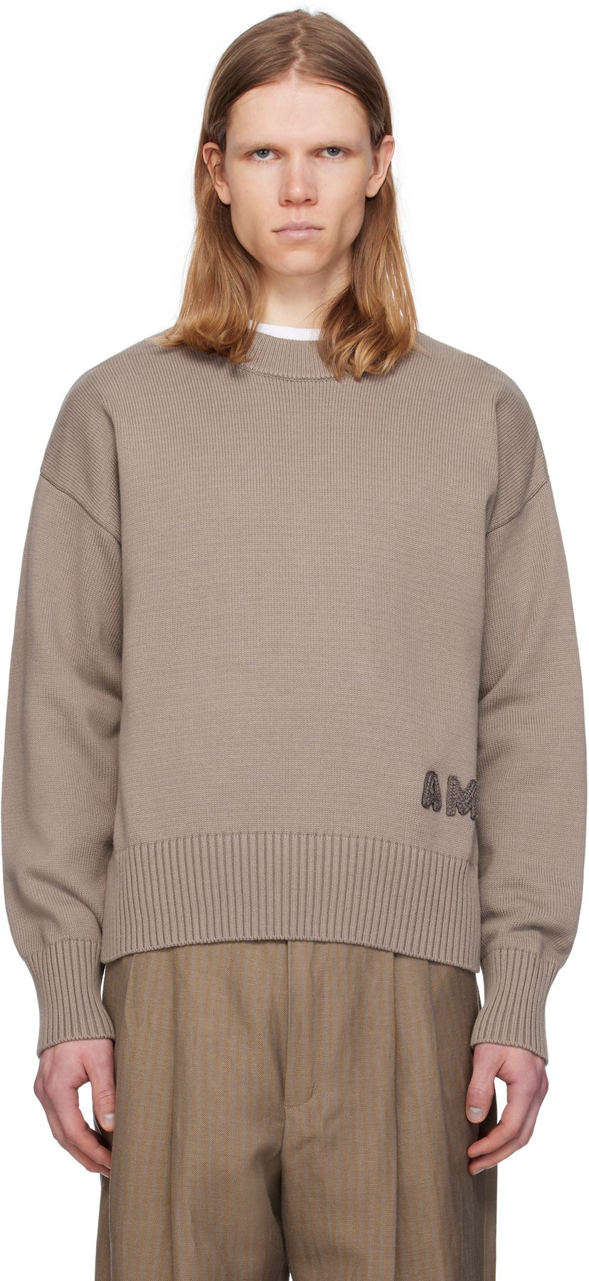 Pleteni pulover AMI AMI Paris Embroidered Crewneck Sweater Rjava | HKS163.KN0063