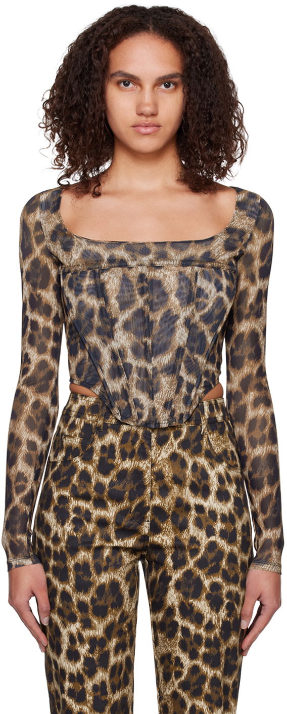 Krop-top Miaou Miaou Leopard Maude Long Sleeve Corset Top Rjava | 7065PM1NIK