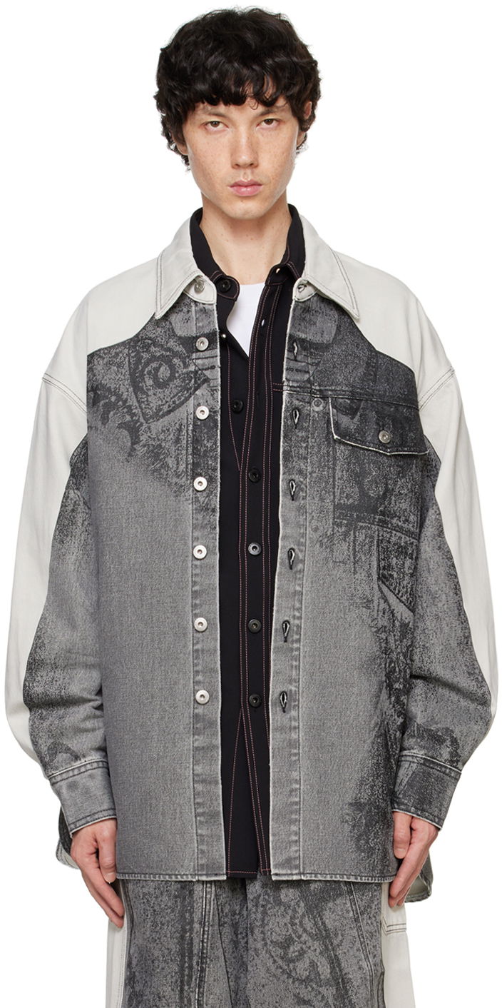 Srajce Feng Chen Wang Feng Chen Wang Printed Denim Jacket Siva | FUF18JK04B
